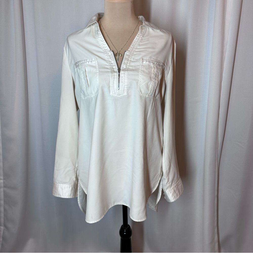 Chicos Top Sz 1 US 8 White Tunic Roll Tab Sleeve 1/4 Zip Longline Career Capsule